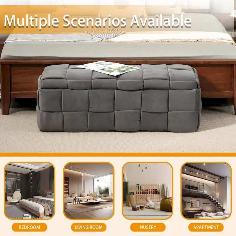 Banc coffre ottoman rembourré en velours avec charnière de sécurité pour salon, chambre