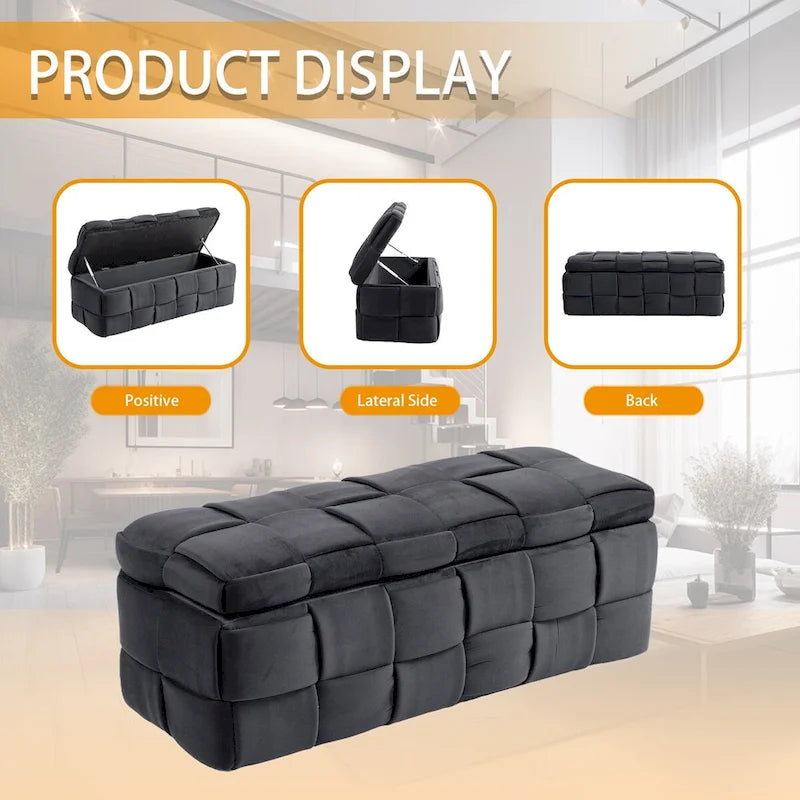 Banc coffre ottoman rembourré en velours avec charnière de sécurité pour salon, chambre