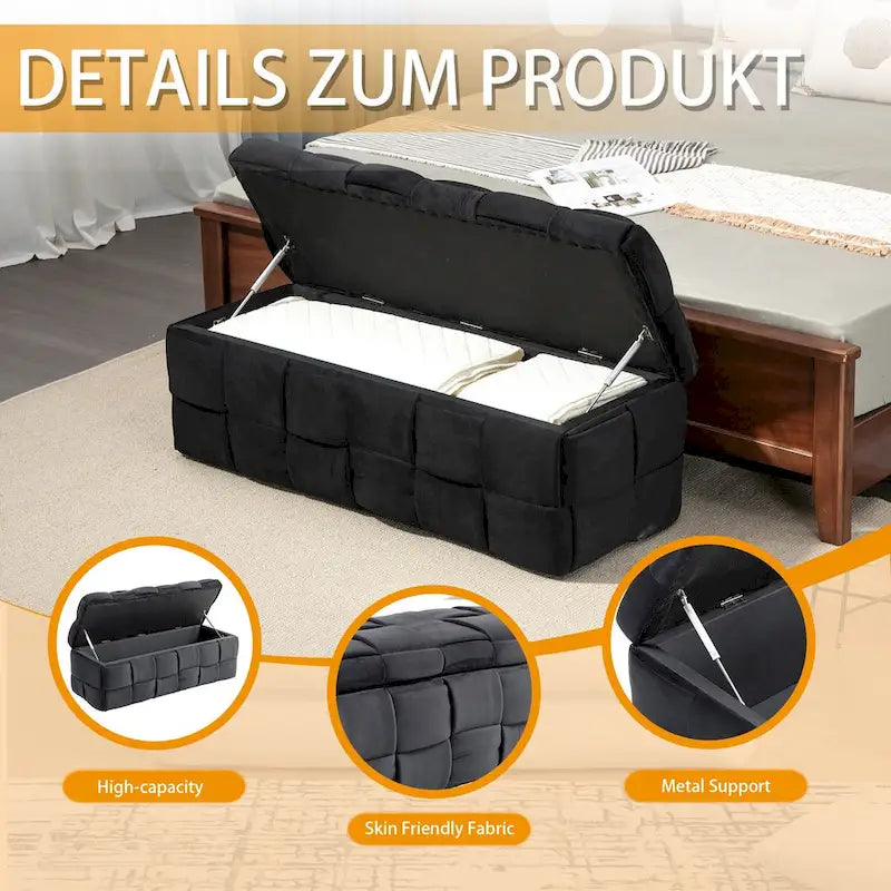 Banc coffre ottoman rembourré en velours avec charnière de sécurité pour salon, chambre