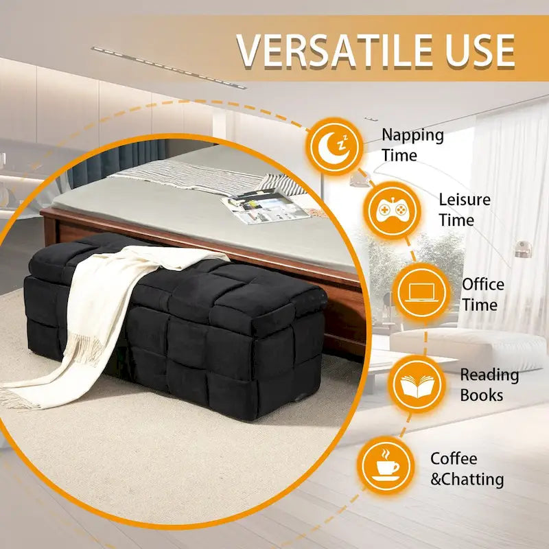 Banc coffre ottoman rembourré en velours avec charnière de sécurité pour salon, chambre