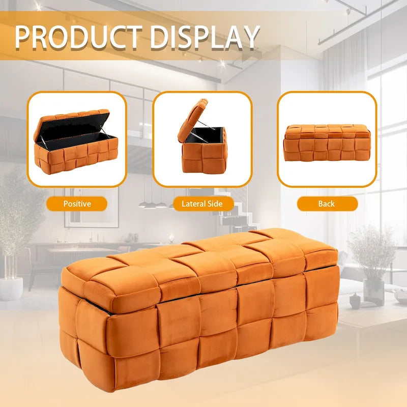 Banc coffre ottoman rembourré en velours avec charnière de sécurité pour salon, chambre