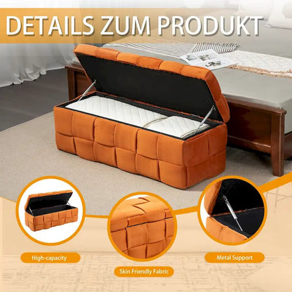 Banc coffre ottoman rembourré en velours avec charnière de sécurité pour salon, chambre