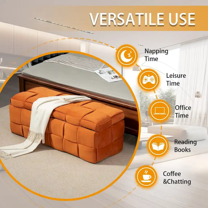 Banc coffre ottoman rembourré en velours avec charnière de sécurité pour salon, chambre