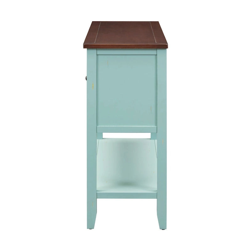 Buffet console vintage bleu avec étagère inférieure