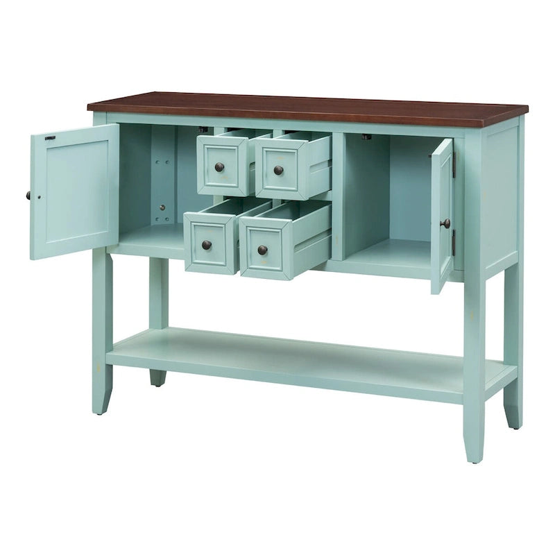 Buffet console vintage bleu avec étagère inférieure