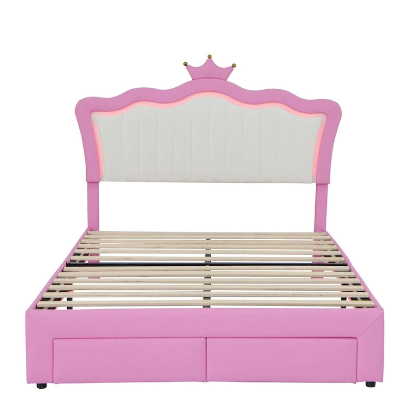 Lit double capitonné avec éclairage LED, lit princesse moderne capitonné avec tête de lit couronne, 2 tiroirs, rose et blanc