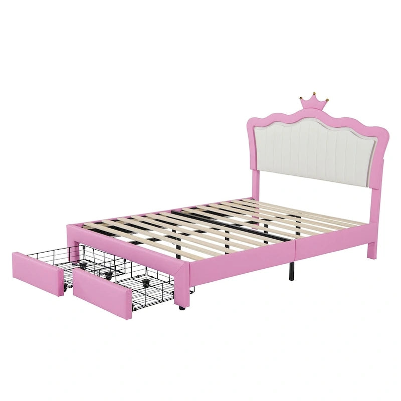 Lit double capitonné avec éclairage LED, lit princesse moderne capitonné avec tête de lit couronne, 2 tiroirs, rose et blanc