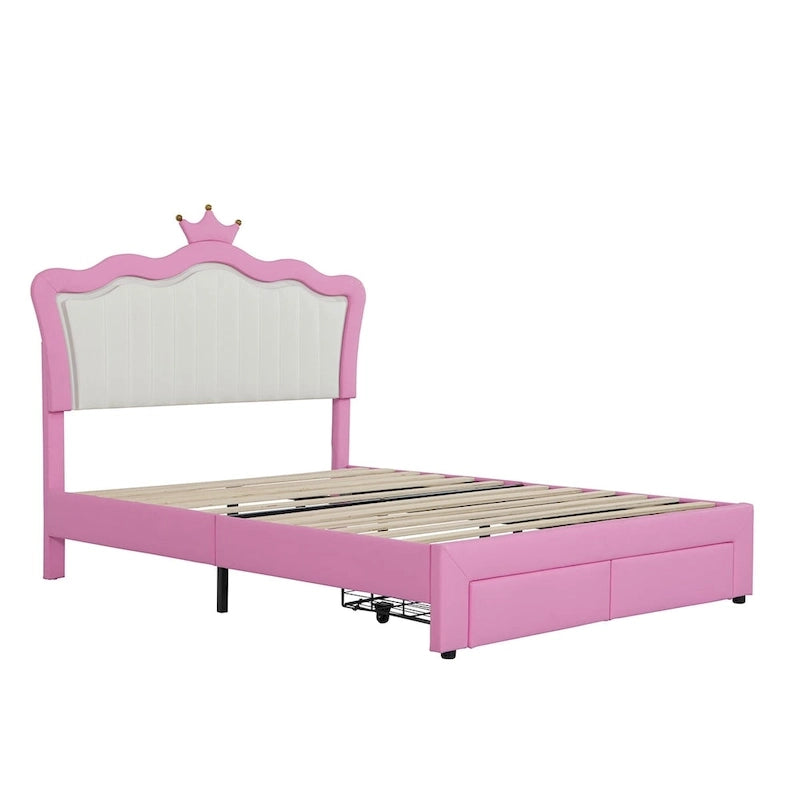 Lit double capitonné avec éclairage LED, lit princesse moderne capitonné avec tête de lit couronne, 2 tiroirs, rose et blanc
