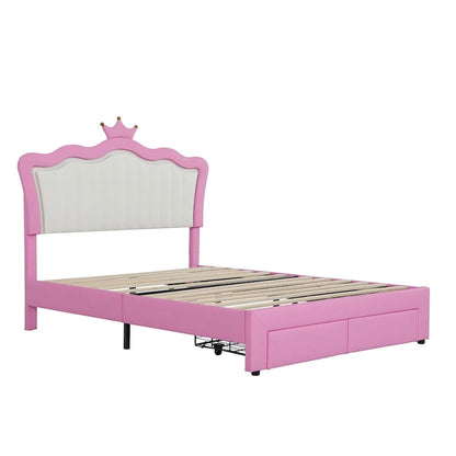 Lit double capitonné avec éclairage LED, lit princesse moderne capitonné avec tête de lit couronne, 2 tiroirs, rose et blanc