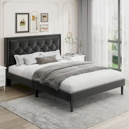 Modern Bed Frame with Velvet Button Tufted Headboard