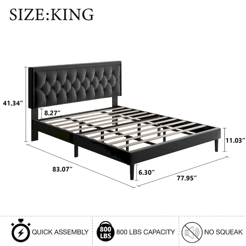 Cadre de lit moderne avec tête de lit capitonnée en velours