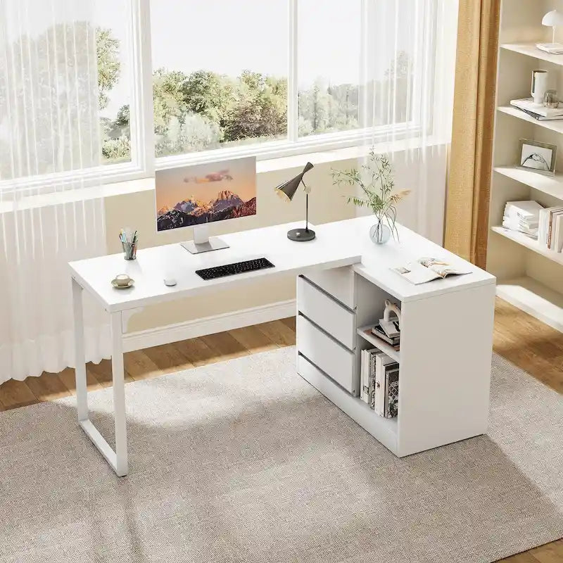 Bureau d'ordinateur blanc polyvalent en forme de L avec tiroirs et étagères