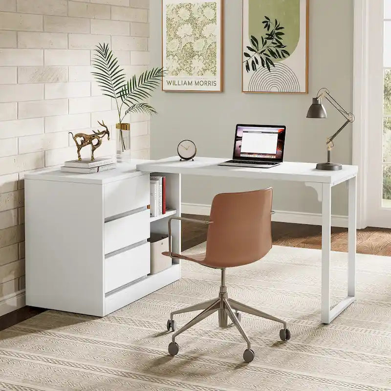 Bureau d'ordinateur blanc polyvalent en forme de L avec tiroirs et étagères