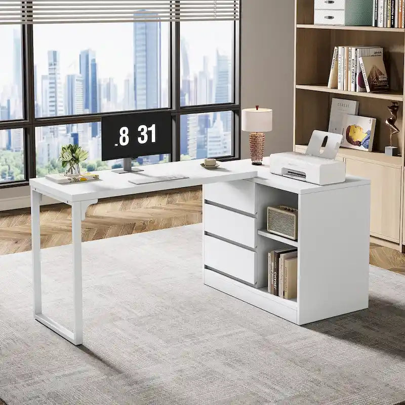 Bureau d'ordinateur blanc polyvalent en forme de L avec tiroirs et étagères