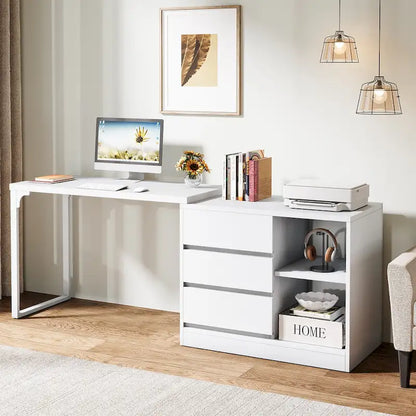 Bureau d'ordinateur blanc polyvalent en forme de L avec tiroirs et étagères