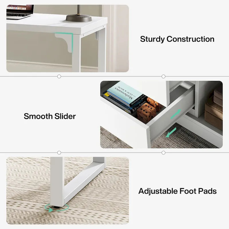 Bureau d'ordinateur blanc polyvalent en forme de L avec tiroirs et étagères