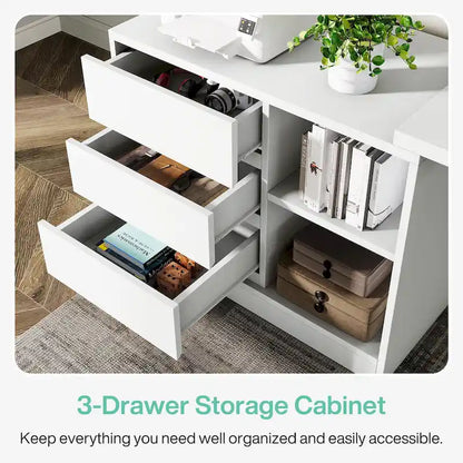 Bureau d'ordinateur blanc polyvalent en forme de L avec tiroirs et étagères