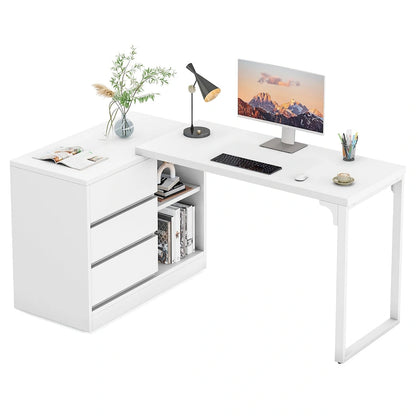 Bureau d'ordinateur blanc polyvalent en forme de L avec tiroirs et étagères