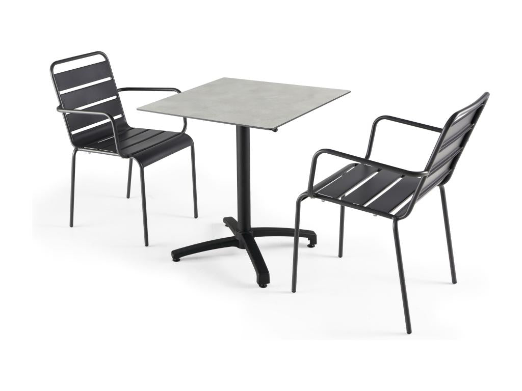 Ensemble table jardin stratifié beton gris clair et 2 fauteuils gris