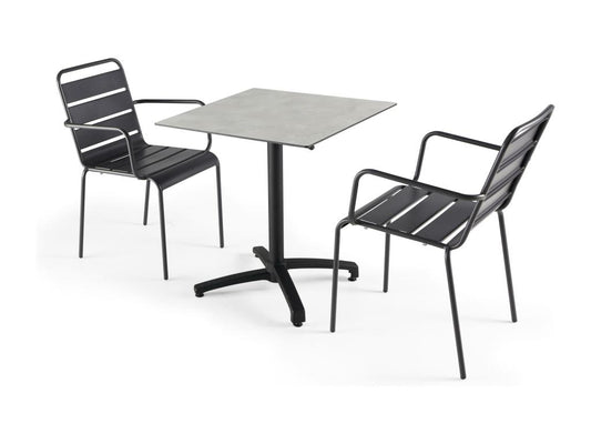 Ensemble table jardin stratifié beton gris clair et 2 fauteuils gris