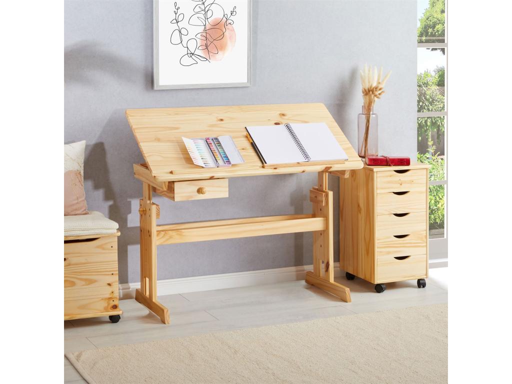 Bureau enfant écolier Meublita FLEXI table à dessin réglable en hauteur et pupitre inclinable avec 1tiroir en pin massif vernis nature