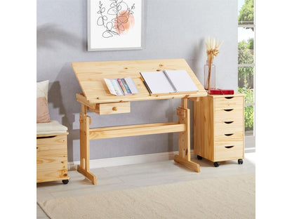 Bureau enfant écolier Meublita FLEXI table à dessin réglable en hauteur et pupitre inclinable avec 1tiroir en pin massif vernis nature
