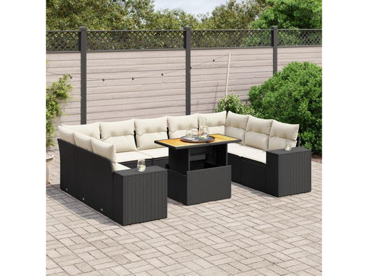 Salon de jardin 10 pcs avec coussins noir résine tressée