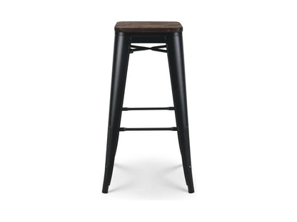 Tabouret de bar en métal noir mat style industriel et assise en bois foncé - Hauteur 76 cm
