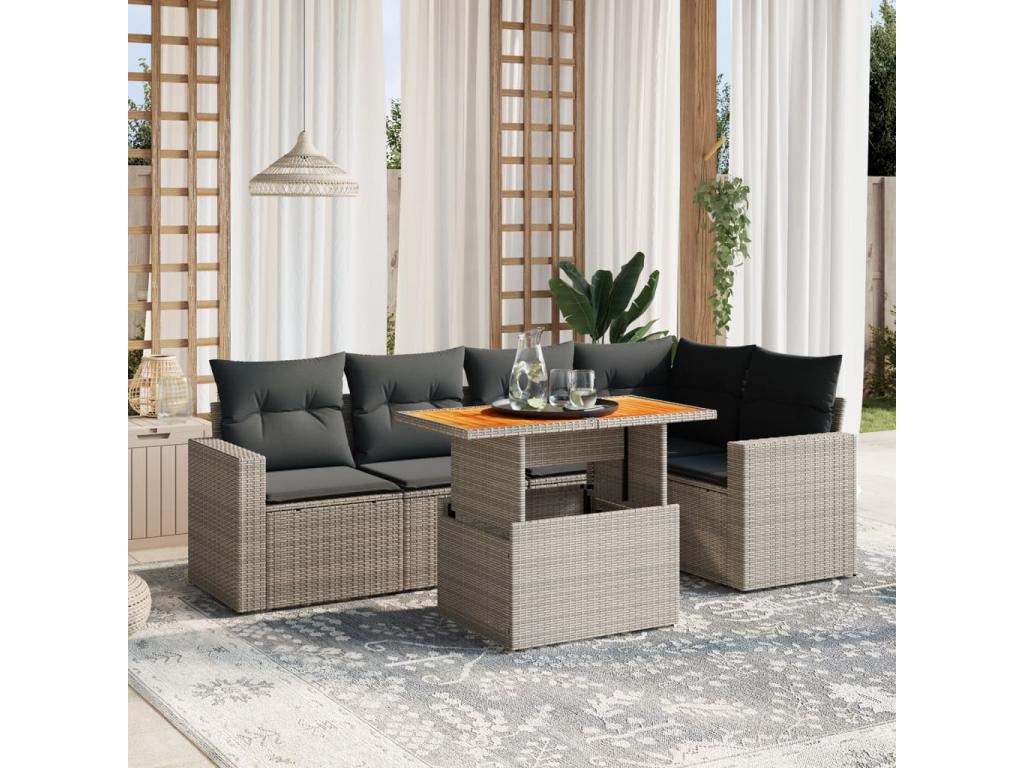 Salon de jardin 6 pcs avec coussins gris résine tressée