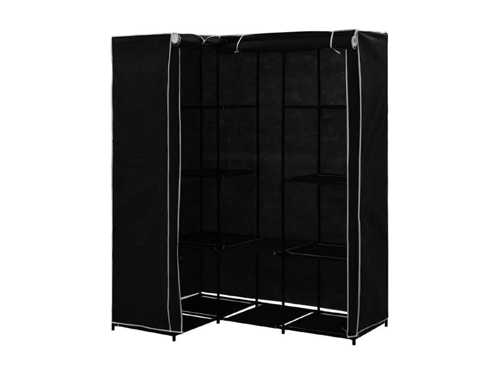 Armoire d'angle avec housse organisateur de rangement pour vêtements en tissu coloris noir - Longueur 85-128 x Profondeur 45 x Hauteur 170 cm