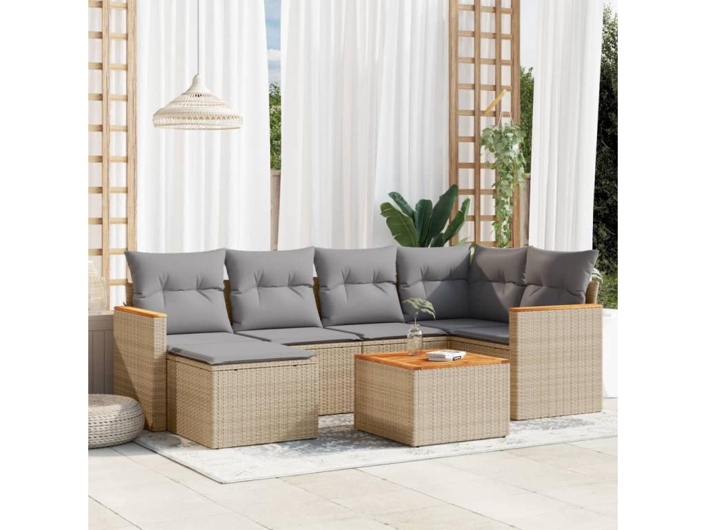 Salon de jardin avec coussins 7 pièces méMeublita beige résine tressée