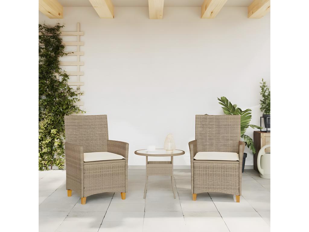 Chaises de jardin coussins lot de 2 beige résine tressée bois