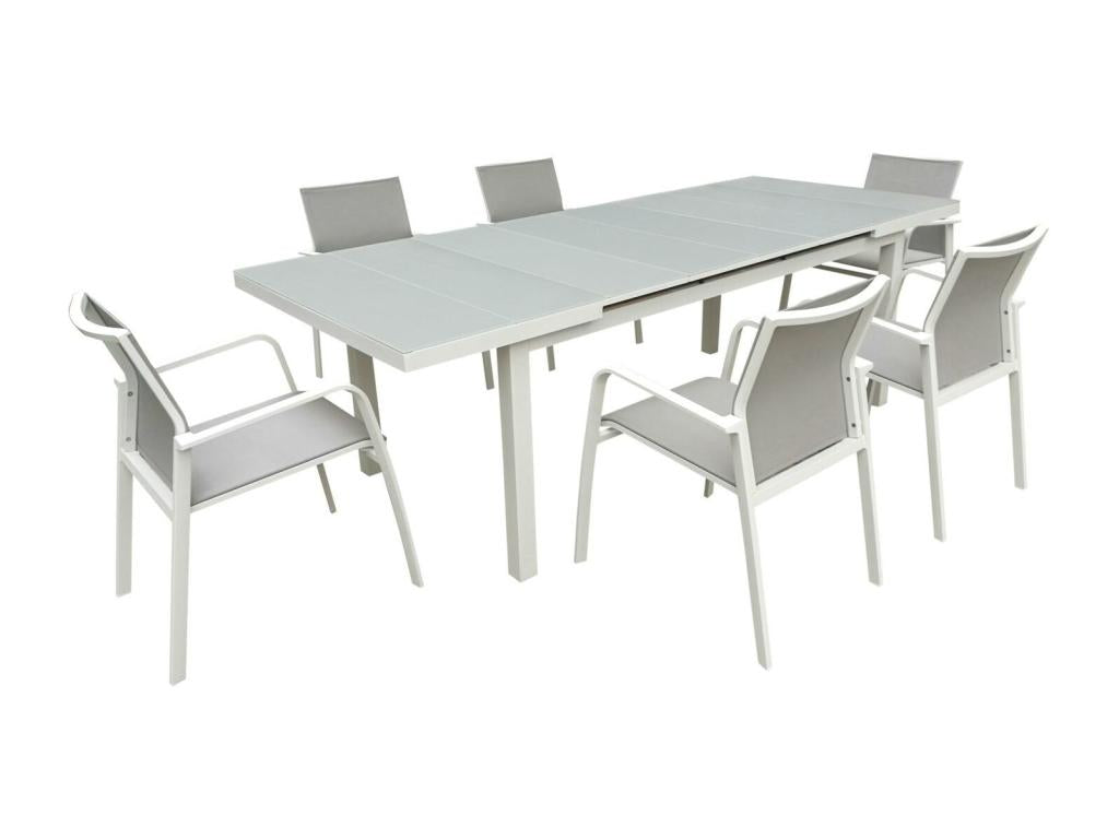Table de Jardin extensible NICE 180/240cm en aluminium blanc gris et plateau verre blanc gris