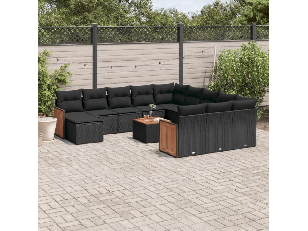 Salon de jardin avec coussins 13 pcs noir résine tressée